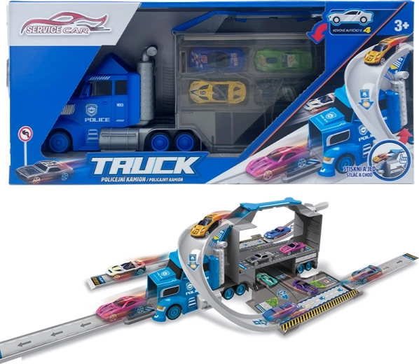 Camion de police 2-en-1 avec 4 voitures et panneaux de signalisation