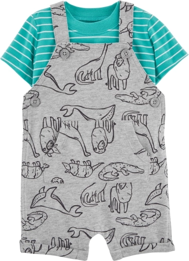 Ensemble deux pièces Carter's : t-shirt à manches courtes et short à bretelles gris à motif dinosaures, taille 56 (NB)