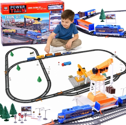 Circuit de train électrique de marchandises Power Train World Cargo avec station et grue, 670 cm, 59 pièces