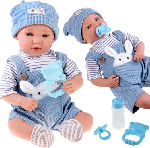 Bébé interactif 46 cm en salopette bleue avec set d’accessoires
