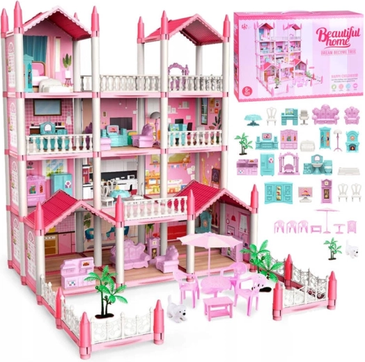 Villa rose – maison de poupée avec mobilier, 222 pièces