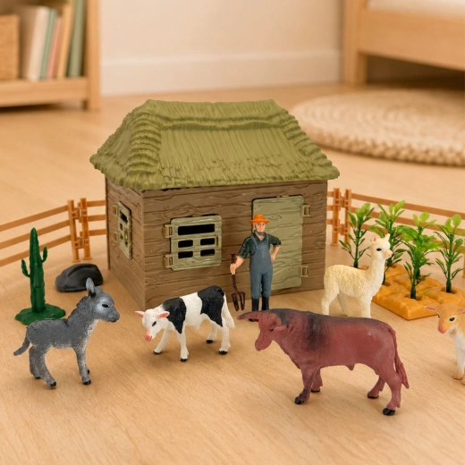 5 animaux de ferme + fermier avec une fourche