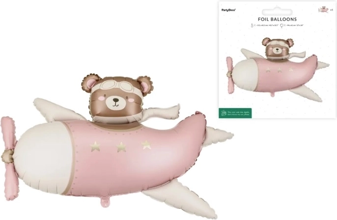 Ballon en aluminium Teddy dans un avion (rose clair)