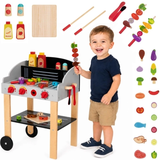 Barbecue de jardin en bois Woopie avec brochettes et accessoires, 24 pièces