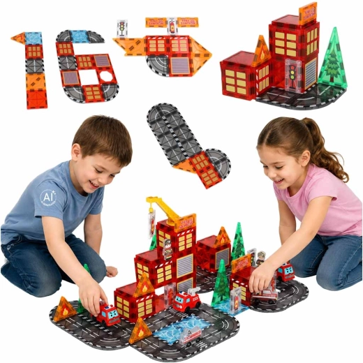 Cubes de construction magnétiques 3D – caserne de pompiers, 92 pièces