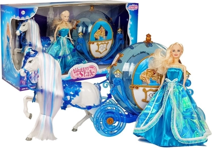 Poupée avec carrosse et cheval à coiffer – set bleu