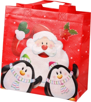 Sac cadeau de Noël avec motif de Saint‑Nicolas et de pingouins, rouge, 22 × 22 × 11 cm