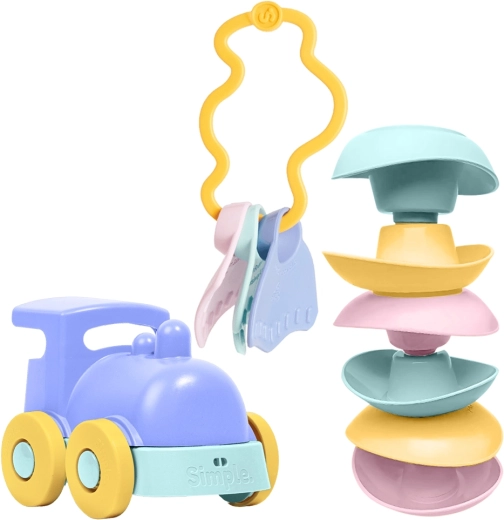 Simple. set de jouets pour bébés – locomotive bleue, bateaux empilables et hochet/anneau de dentition