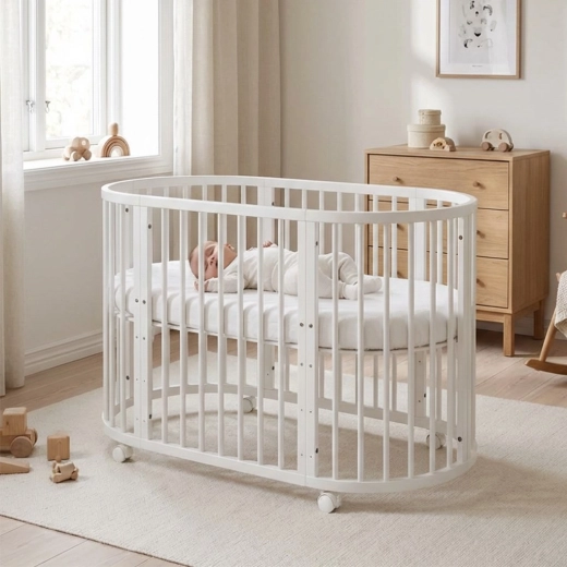 Lit bébé évolutif ovale 3-en-1 avec matelas New Baby blanc