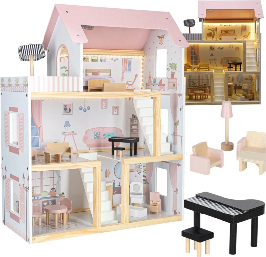 Maison de poupées en bois avec mobilier et éclairage LED 78 cm rose