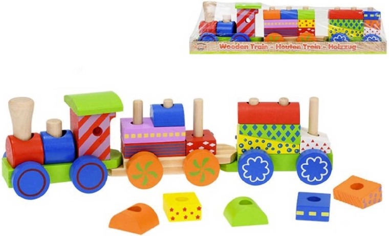 Train en bois à enfiler pour bébé 33 cm – locomotive et 2 wagonnets