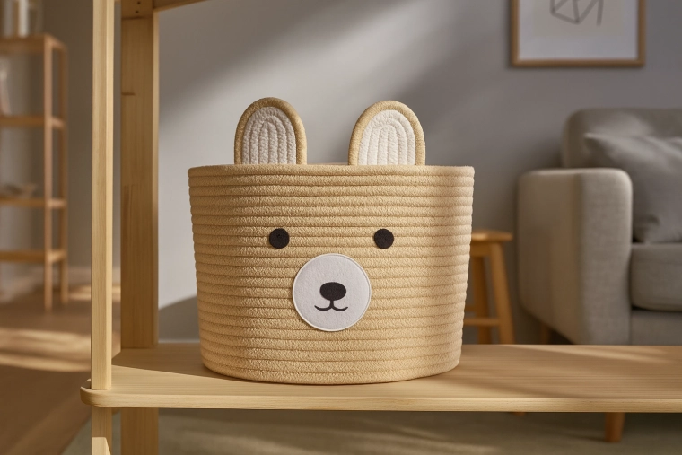 Panier de rangement textile ourson 28 × 22 cm, beige
