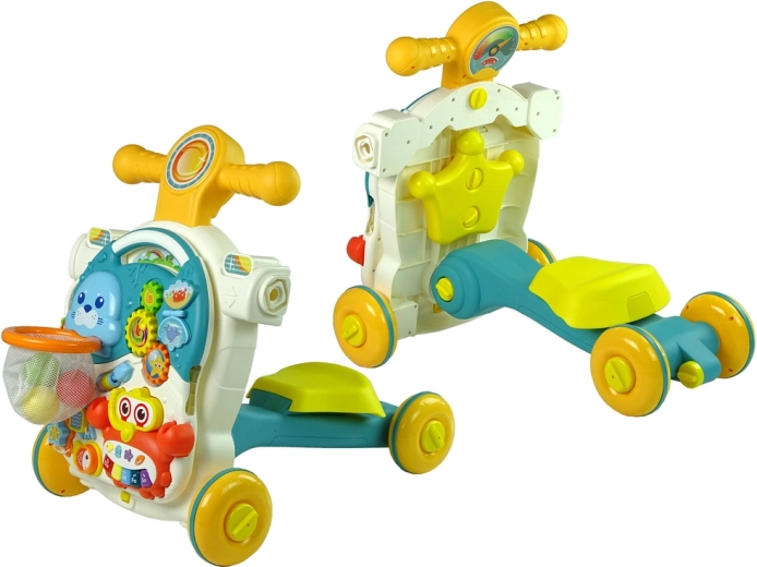 4-en-1 : pousseur, table, draisienne et trottinette