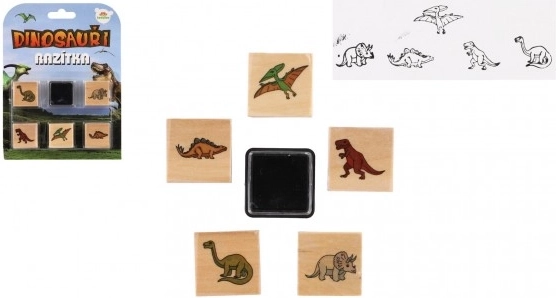 Tampons en bois dinosaures 5+1 avec encreur, 3 × 3 cm