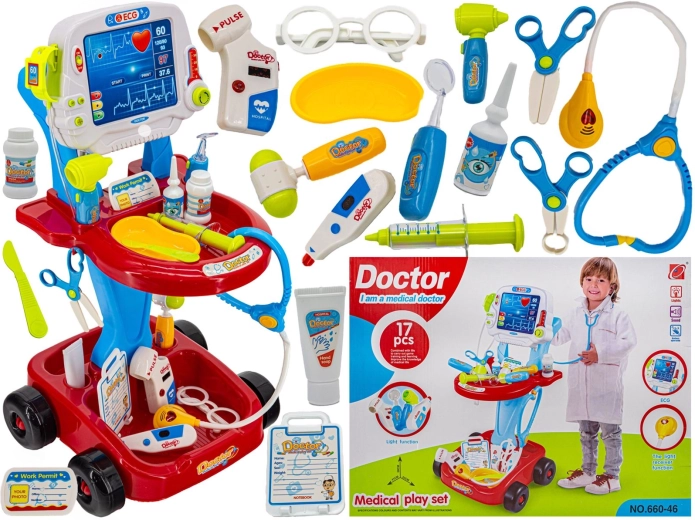 Chariot de docteur pour enfants avec moniteur ECG et accessoires rouge