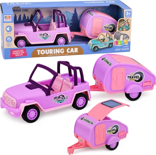 Véhicule tout-terrain rose avec caravane et effets sonores