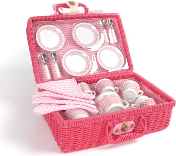 Set de thé pique-nique Tidlo dans un panier en osier rose