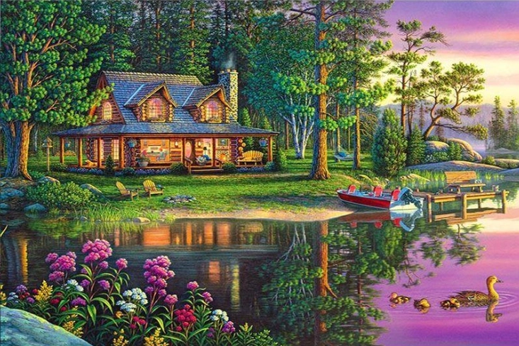 Norimpex Peinture par numéros Maison dans la forêt au bord de l’étang 40 × 50 cm