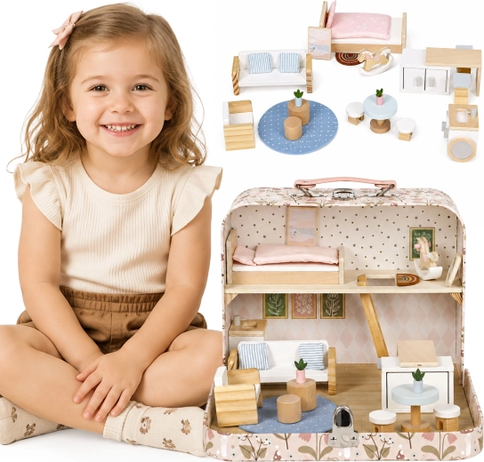 Maison de poupées en bois Ecotoys dans une valisette – à deux étages avec mobilier et 20 accessoires