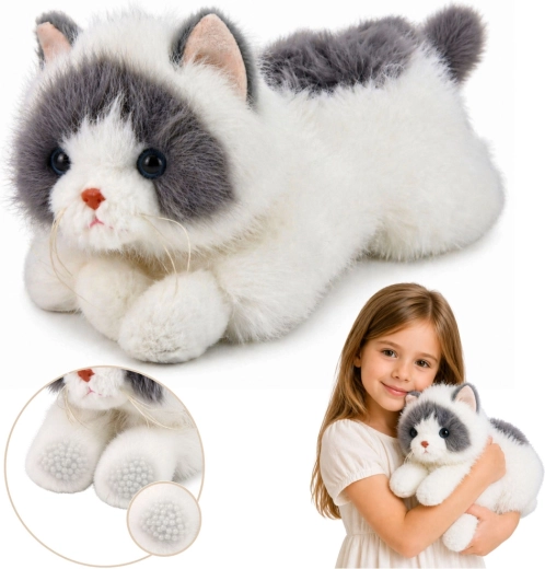 Chat persan en peluche blanc/gris 50 cm avec pattes lestées des deux côtés