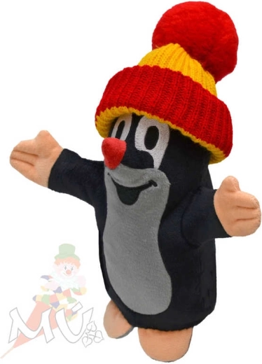 Moravská ústředna marionnette à main en peluche Taupe (Krtek) avec bonnet rouge 20 cm
