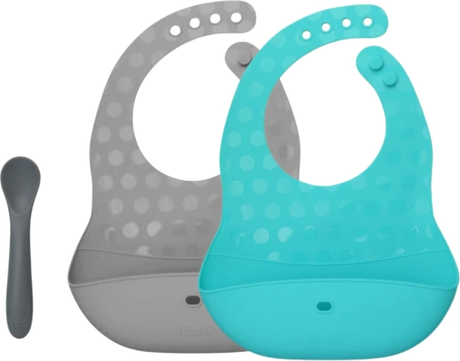 Bblüv Pöket set de bavoirs et cuillère en silicone aqua/gris