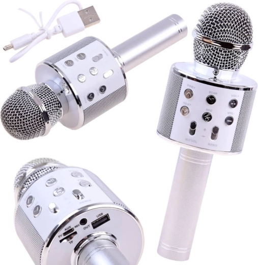 Microphone karaoké sans fil Bluetooth avec haut-parleur intégré – argenté