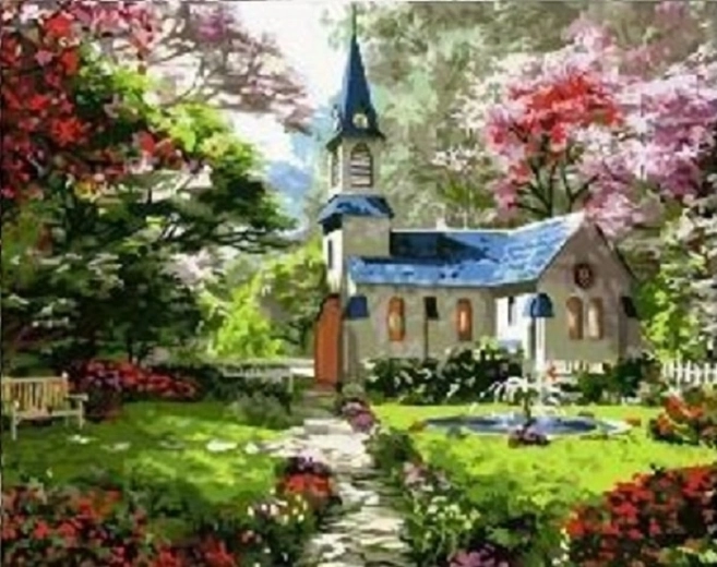 Norimpex peinture diamant église dans un jardin printanier 30 × 40 cm