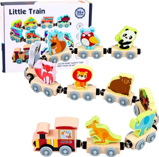 Petit train en bois magnétique avec animaux – locomotive et wagonnets