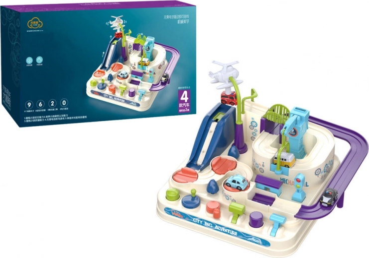 Piste d’obstacles interactive pour enfants avec quatre petites voitures