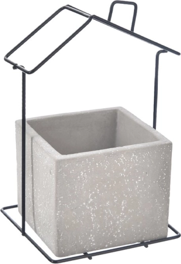 Cache-pot en béton et métal en forme de petite maison, gris