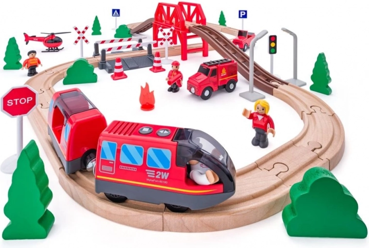 Circuit de train de pompiers en bois, 60 pièces