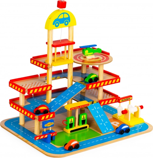 Grande garage en bois avec ascenseur et petites voitures d'Ecotoys