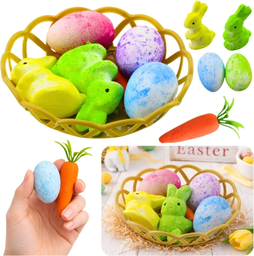 Décoration de Pâques dans un panier avec des lapins, des œufs et une carotte - 6 pièces
