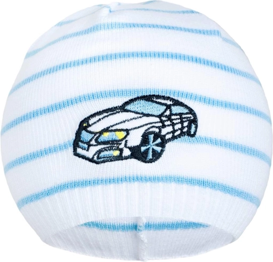 Bonnet de printemps New Baby avec petite voiture blanc et bleu 104 (3–4 ans)