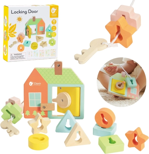Classic World Montessori jouet d'enfilage en bois clés et portes 11 pièces