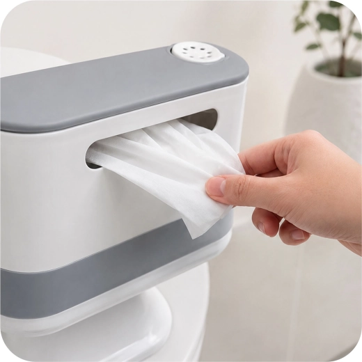 Distributeur de lingettes intégré et accessoires pratiques