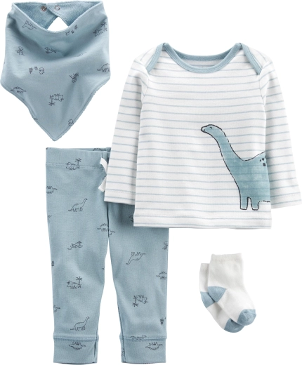 Ensemble 4 pièces Carter's pour garçons Blue Dino – t-shirt à manches longues, pantalon de survêtement, chaussettes et bavoir
