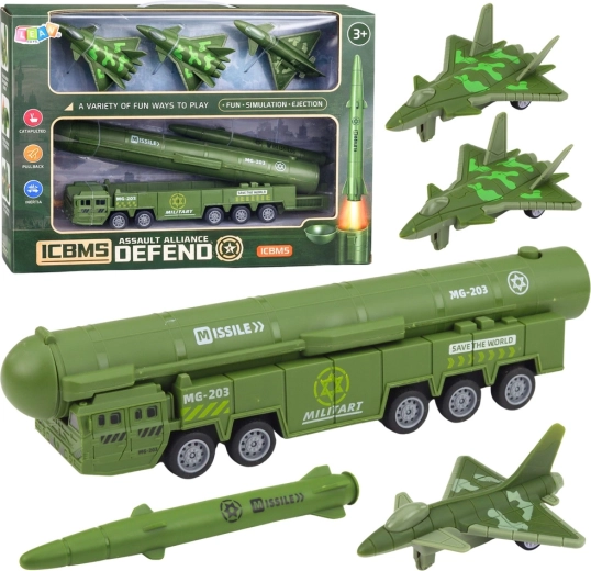 Ensemble militaire avec lance-roquettes, camion et chasseurs à rétrofriction