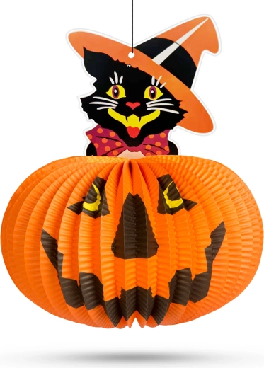 Lanterne en papier d'Halloween en forme de citrouille avec motif de chat – 1 pièce