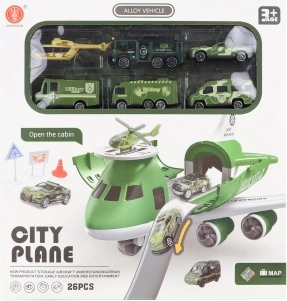 Avion avec garage pliable et petites voitures militaires