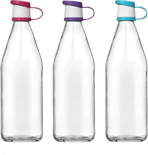 Bouteille en verre 1 L avec bouchon en plastique, assortiment de couleurs