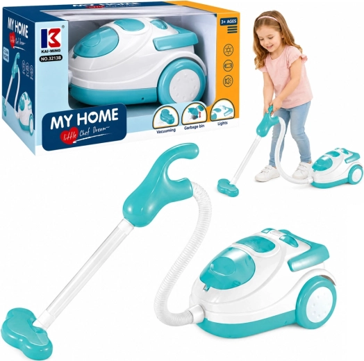 Aspirateur enfant à piles bleu et blanc avec lumière, son et billes de polystyrène