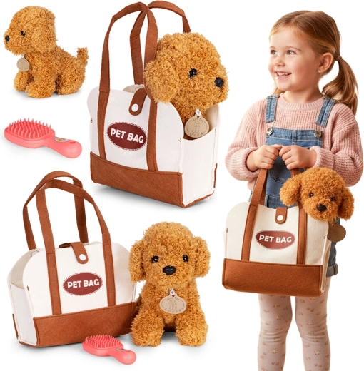 Chien en peluche dans un sac avec brosse – caniche brun pour enfants