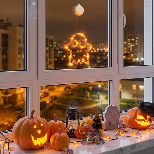 Décoration d’Halloween lumineuse en forme de fantôme avec ventouse et 12 LED