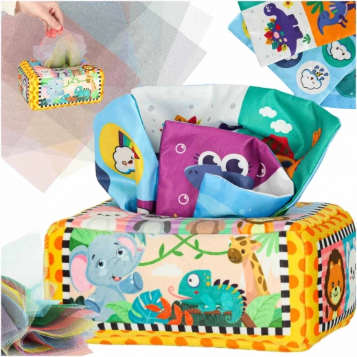 Boîte sensorielle Montessori avec mouchoirs colorés et animaux