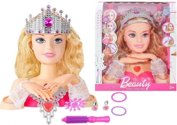 Tête de poupée pour stylisation avec couronne et accessoires