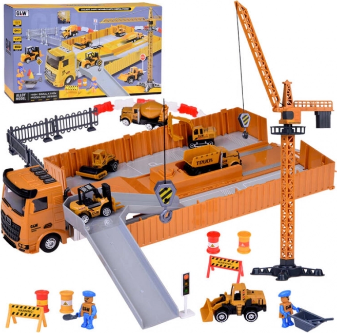 set de construction interactif camion-tracteur avec remorque dépliable, grue et chariot élévateur