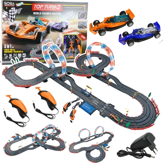 Circuit de course 3-en-1 avec loopings rétroéclairés, voitures et commandes 560 cm