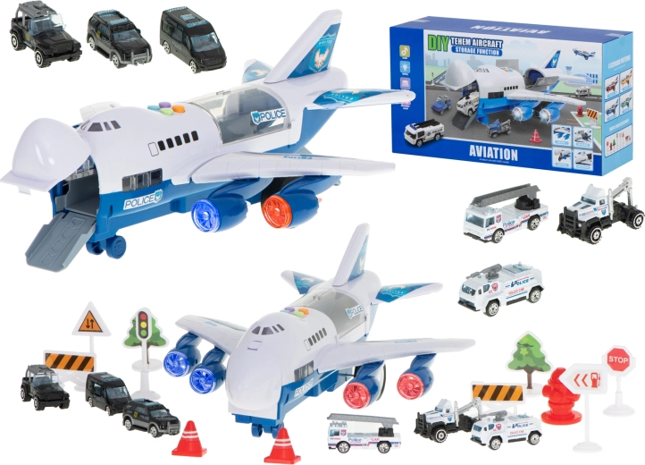 Avion de transport de police avec 6 voitures